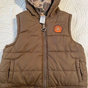 Kids Brown Hooded Puffer Vest with Bear Patch